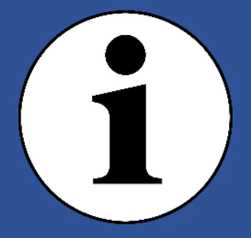 Schwarzer Buchstabe "i" in einem weißen Kreis. Der weiße Kreis befindet sich in einem blauen Quadrat.
