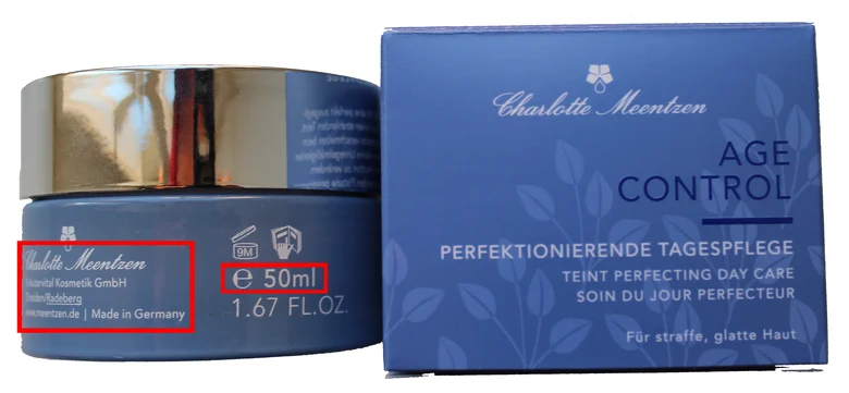 Cremedose und deren Umverpackung der Marke Charlotte Meetzen: Bei der Cremedose sind die Firmenangaben und die Volumenangabe (50 ml e) durch eine rote Markierung hervorgehoben